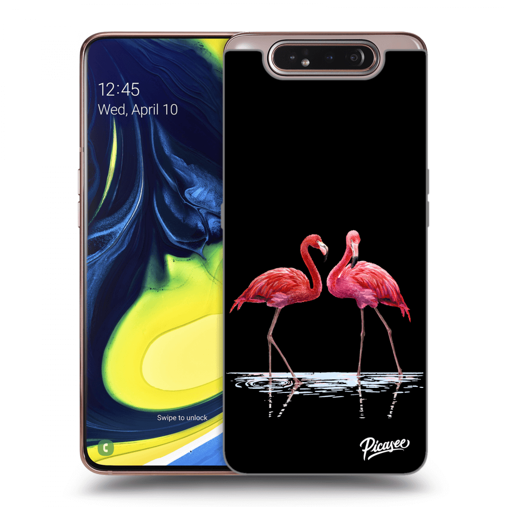 Picasee fekete szilikon tok az alábbi mobiltelefonokra Samsung Galaxy A80 A805F - Flamingos couple