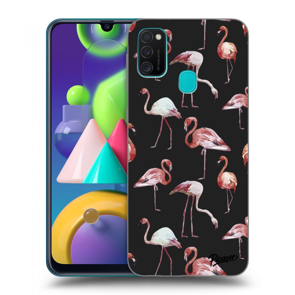 Picasee fekete szilikon tok az alábbi mobiltelefonokra Samsung Galaxy M21 M215F - Flamingos