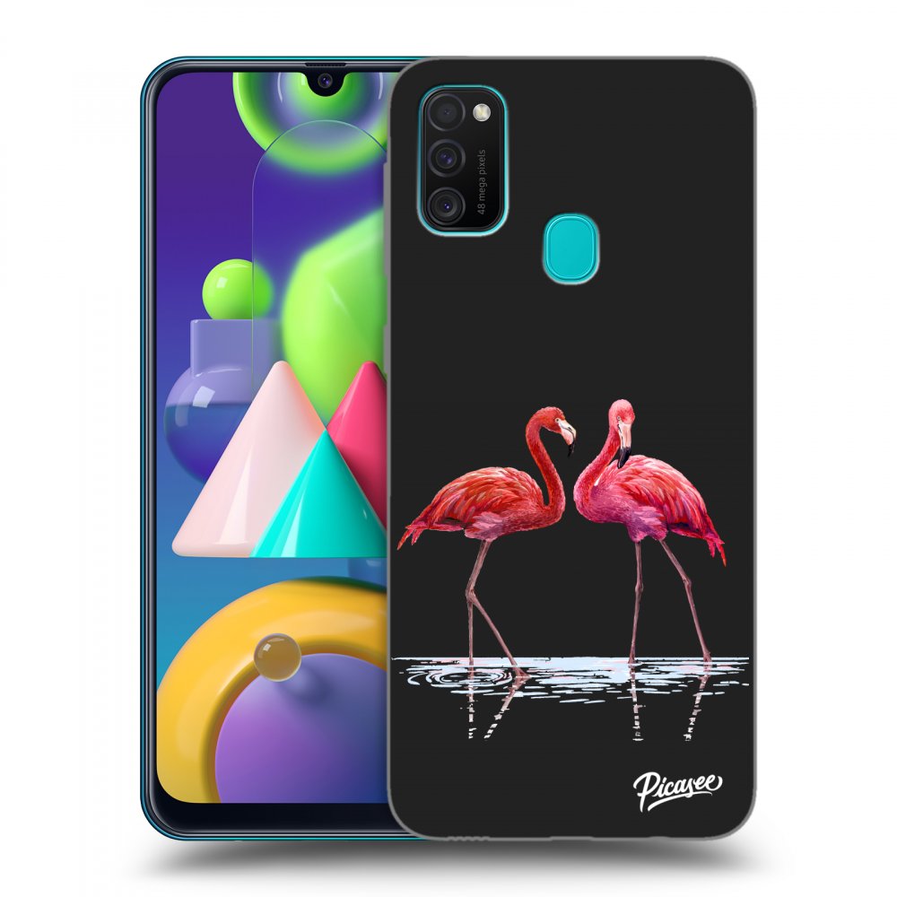 Picasee fekete szilikon tok az alábbi mobiltelefonokra Samsung Galaxy M21 M215F - Flamingos couple