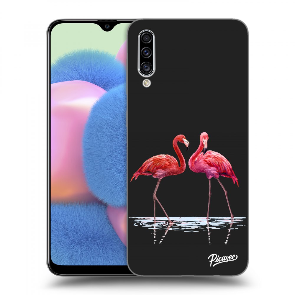 Picasee fekete szilikon tok az alábbi mobiltelefonokra Samsung Galaxy A30s A307F - Flamingos couple