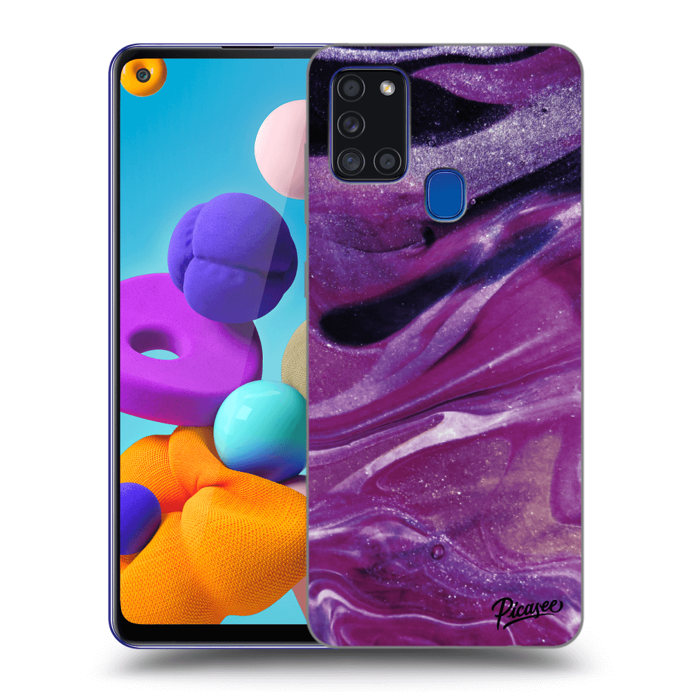 Picasee fekete szilikon tok az alábbi mobiltelefonokra Samsung Galaxy A21s - Purple glitter