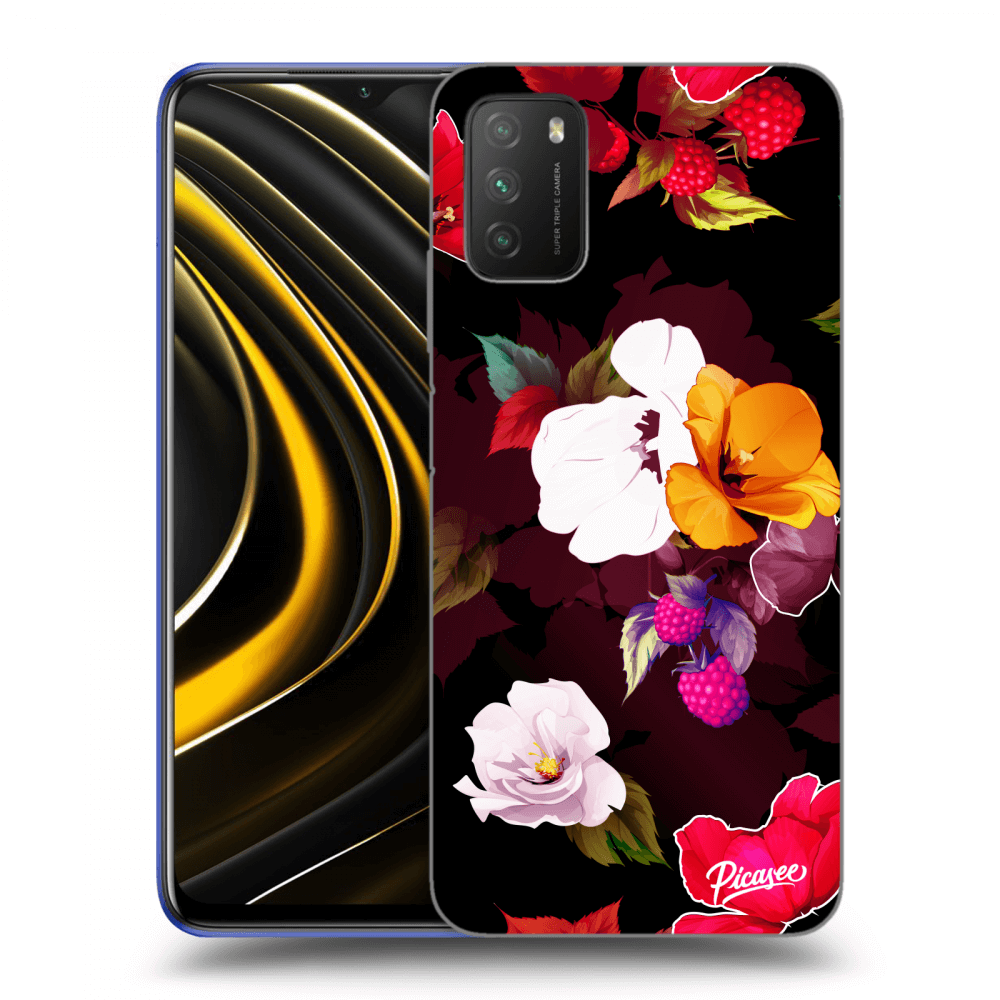 Picasee fekete szilikon tok az alábbi mobiltelefonokra Xiaomi Poco M3 - Flowers and Berries