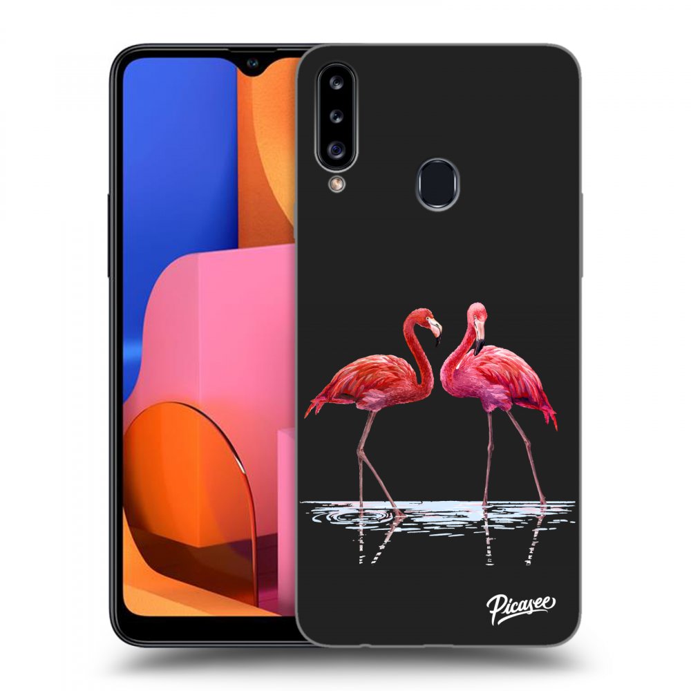 Picasee fekete szilikon tok az alábbi mobiltelefonokra Samsung Galaxy A20s - Flamingos couple