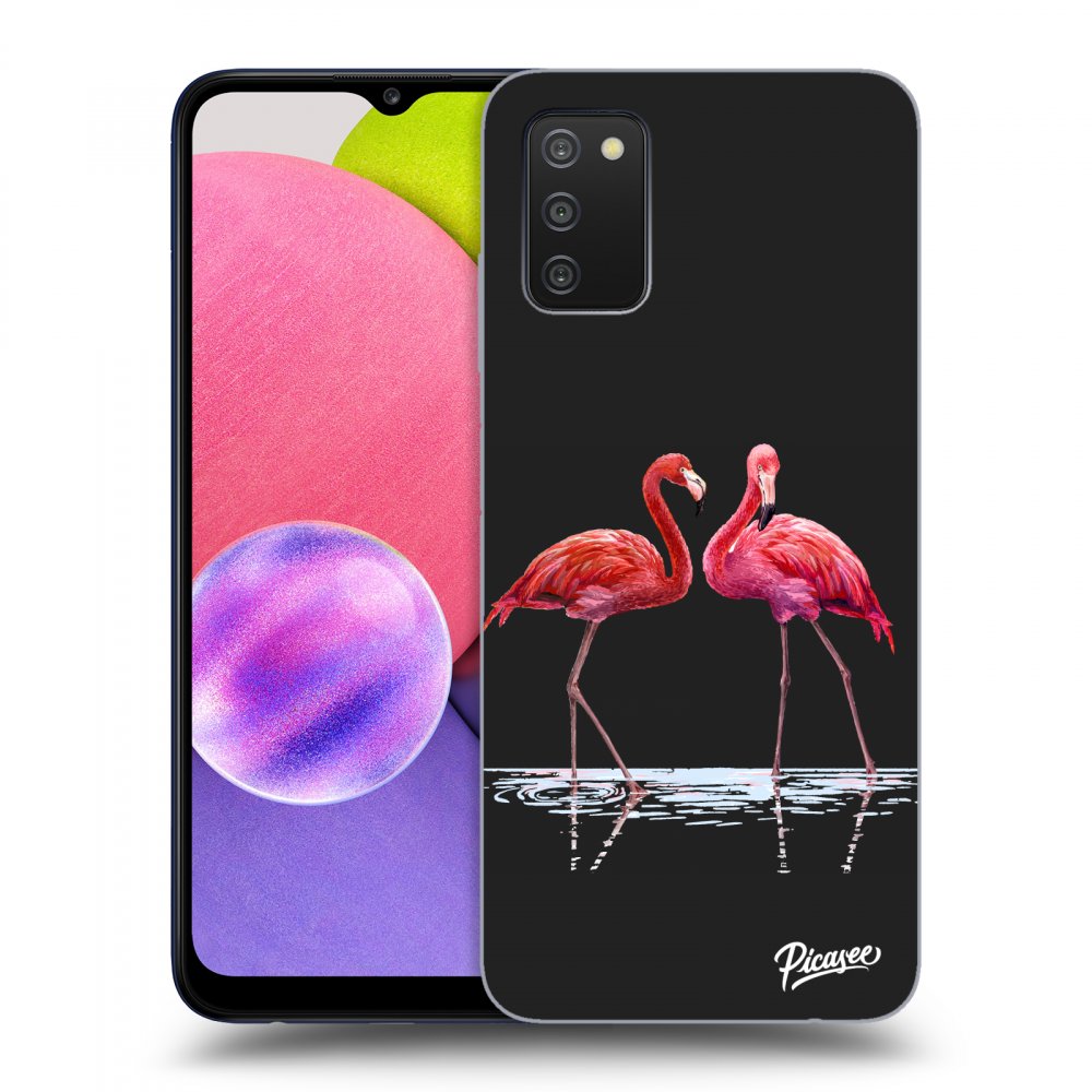 Picasee fekete szilikon tok az alábbi mobiltelefonokra Samsung Galaxy A02s A025G - Flamingos couple