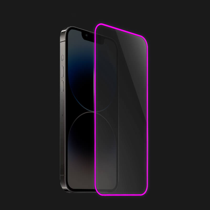 Picasee Keményített védőfólia a sötétben világító kerettel mobiltelefonokra Apple iPhone 14 - Rózsaszín